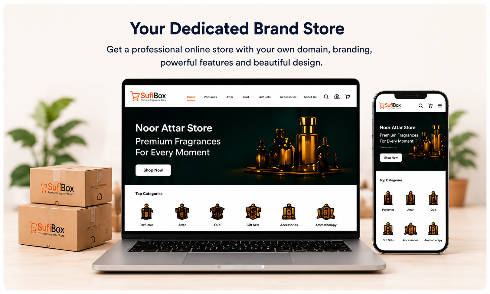 Your Dedicated Brand Store — professional storefront on desktop and mobile